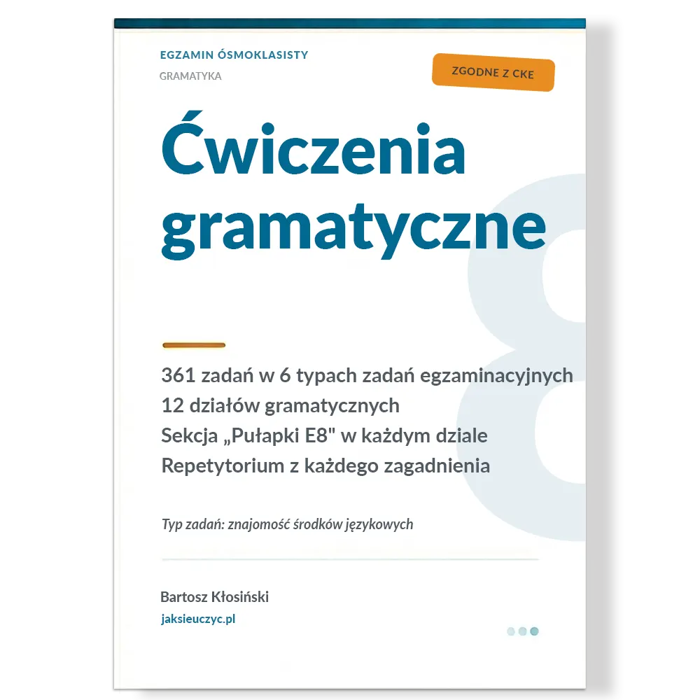 Ćwiczenia gramatyczne na egzamin ósmoklasisty z angielskiego – okładka workbooka PDF