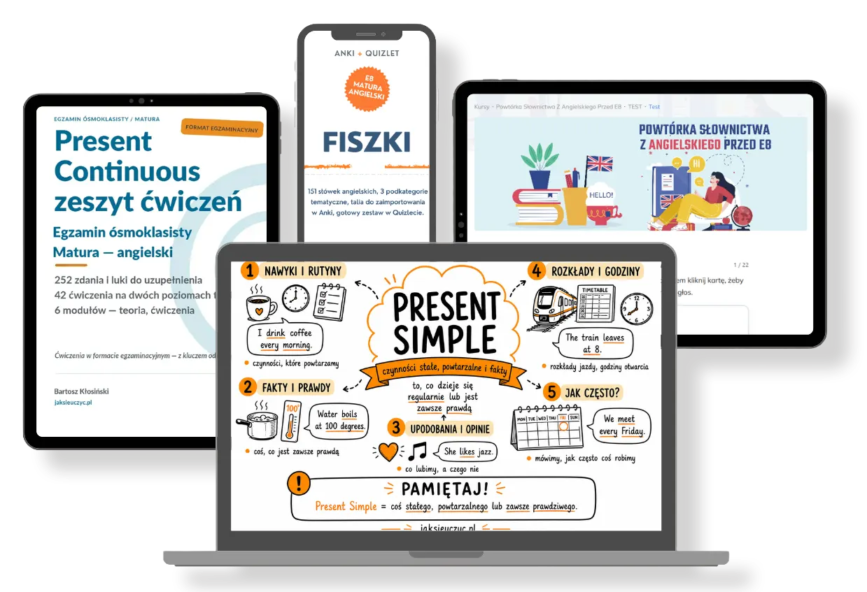 Materiały do nauki angielskiego na urządzeniach: zeszyt ćwiczeń Present Continuous, fiszki do egzaminu ósmoklasisty, kurs online powtórki słownictwa przed E8 i sketchnotka Present Simple