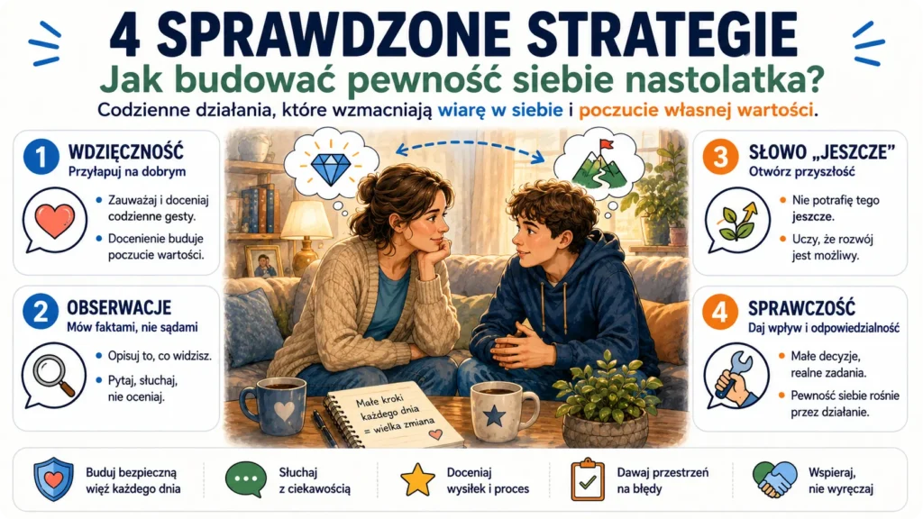 Rodzic rozmawia z nastolatkiem o budowaniu pewności siebie, a grafika pokazuje 4 strategie: wdzięczność, obserwacje, słowo jeszcze i sprawczość