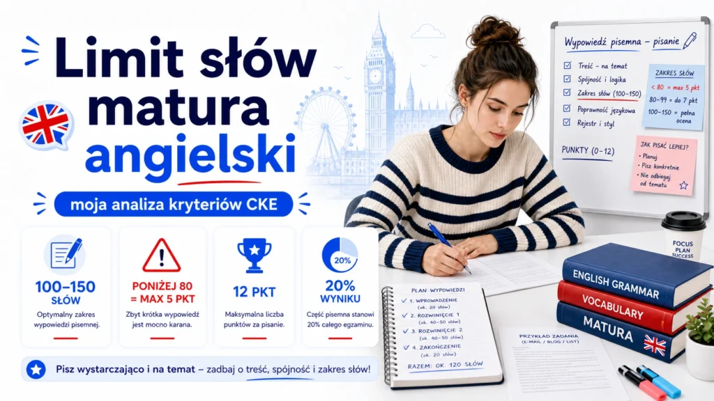 grafika do wpisu o limicie słów na maturze z angielskiego i zasadach oceniania CKE