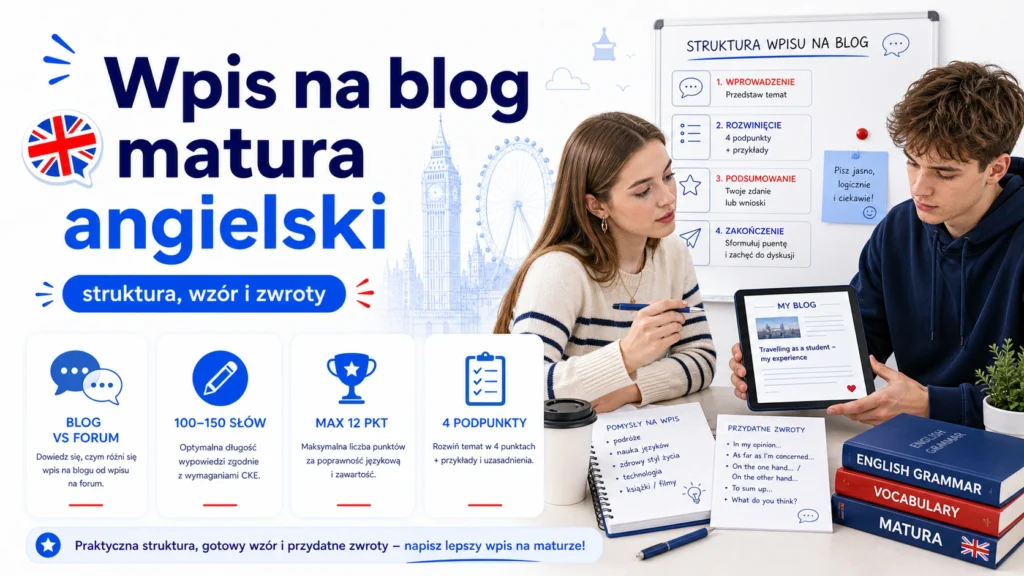 grafika do wpisu o wpisie na blog i forum na maturze z angielskiego, strukturze, wzorze i zwrotach