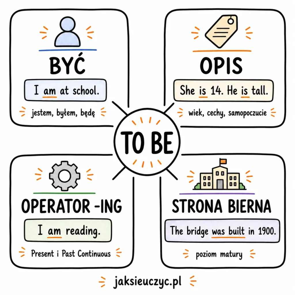 Czasownik to be — odmiana, zasady i ćwiczenia 6 Cztery role czasownika to be — być (I am at school), opis (She is 14), operator czasów continuous (I am reading) i strona bierna (The bridge was built)