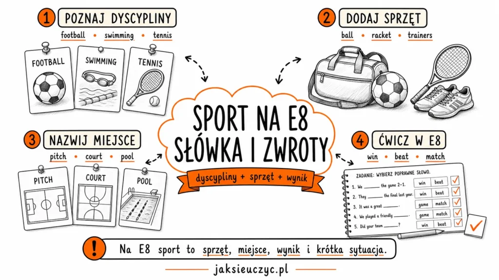Sketchnotka pokazująca słówka z kategorii sport na E8: dyscypliny, sprzęt sportowy, miejsca, wynik i zadania egzaminacyjne.
