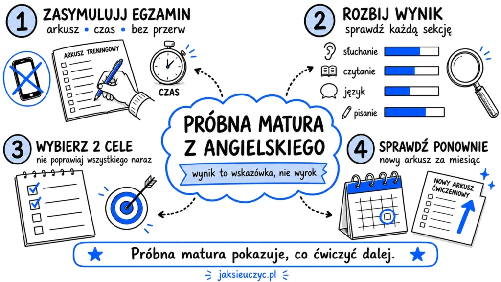 Sketchnotka pokazująca, jak wykorzystać próbną maturę z angielskiego: zasymulować egzamin, przeanalizować wynik według sekcji, wybrać dwa cele i sprawdzić postęp po miesiącu.
