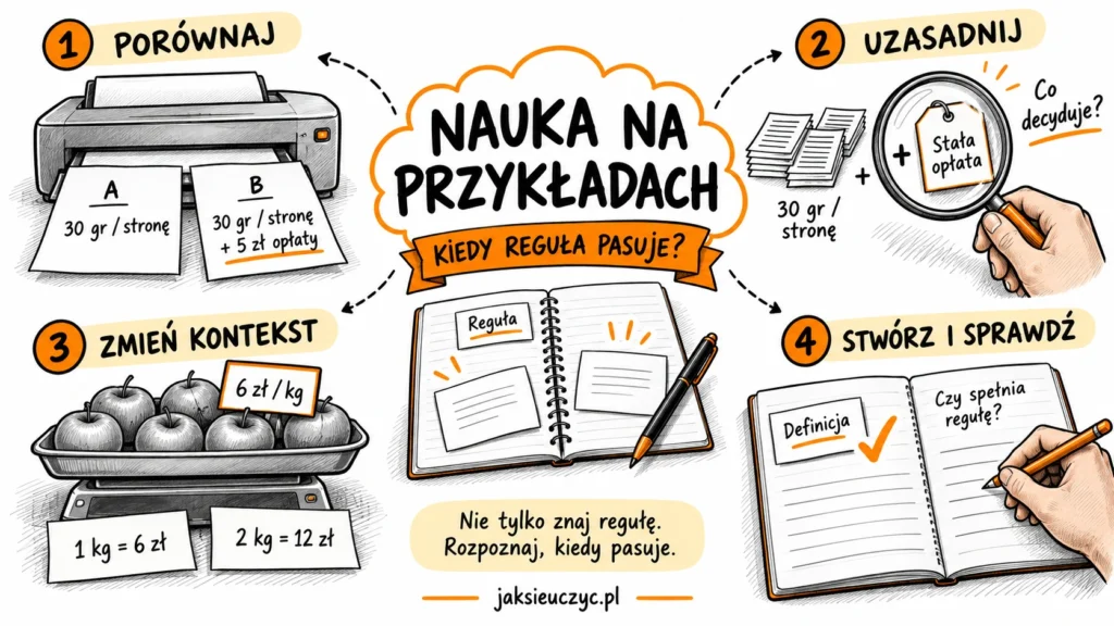 Sketchnotka pokazująca naukę na przykładach: porównanie ofert druku, uzasadnienie roli stałej opłaty, przykład z jabłkami i sprawdzenie własnego pomysłu.